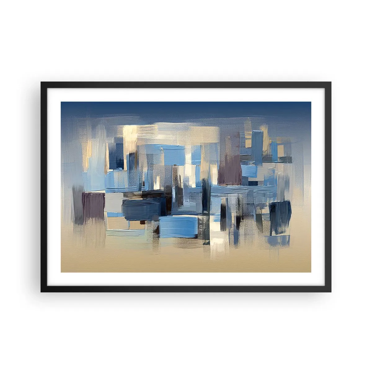 Plakat w czarnej ramie - Geometryczne formy w odcieniach błękitu i beżu - 70x50cm - Błękitna konstrukcja - Nowoczesna dekoracja ścienna do salonu i sypialni ARTTOR