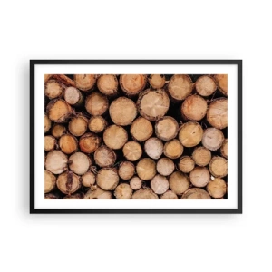 Plakat w czarnej ramie - Stosy ściętych pni drzew ułożone w harmonii - 70x50cm - Nowy początek - Nowoczesna dekoracja ścienna do salonu i sypialni ARTTOR