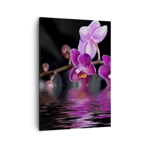 Obraz na płótnie - Różowe orchidee odbijające się w wodzie na czarnym tle - 50x70cm - Liliowe odbicie piękna - Nowoczesna dekoracja ścienna do salonu, kuchni i sypialni ARTTOR