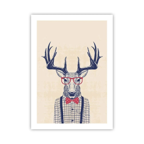 Plakat - Stylowy jeleń w okularach i muszce na beżowym tle - 50x70cm - Zabawna ekstrawagancja - Nowoczesna dekoracja ścienna do salonu, kuchni i sypialni ARTTOR