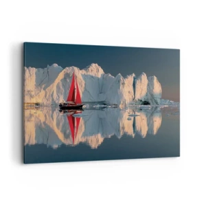 Obraz na płótnie - Żaglówka z czerwonym żaglem na tle lodowca - 100x70cm - Na krańcu świata - Nowoczesna dekoracja ścienna do salonu, kuchni i sypialni ARTTOR