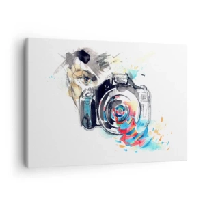 Obraz na płótnie - Akwarela aparatu fotograficznego z kolorowymi detalami - 70x50cm - W oku obiektywu - Nowoczesna dekoracja ścienna do salonu i sypialni ARTTOR