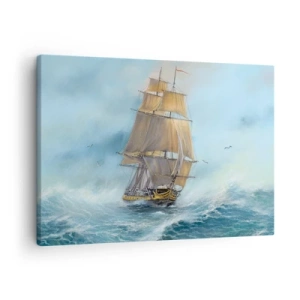 Obraz na płótnie - Statek żaglowy na wzburzonym morzu - 70x50cm - Mknący po falach - Nowoczesna dekoracja ścienna do salonu i sypialni ARTTOR