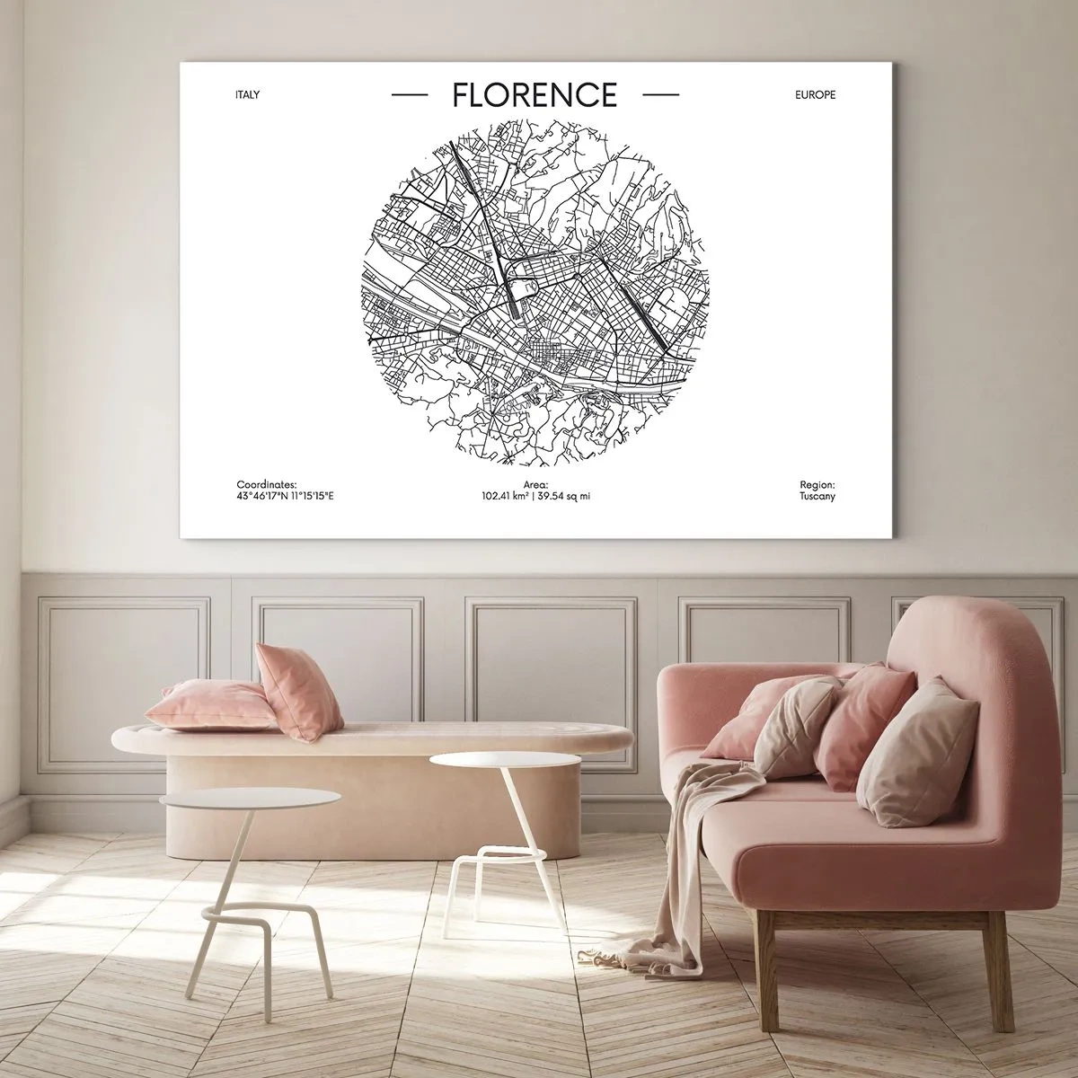 Obraz na szkle - Florencja w formie stylizowanej mapy z siecią ulic - 70x50cm - Anatomia Florencji - Nowoczesna dekoracja ścienna do salonu i sypialni ARTTOR