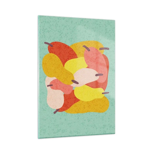 Obraz na szkle - Kolorowe gruszki w stylu graficznym na turkusowym tle - 50x70cm - Spróbuj letniego słońca - Nowoczesna dekoracja ścienna do salonu, kuchni i sypialni ARTTOR