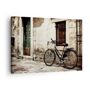 Obraz na płótnie - Rower przy kamiennej ścianie z oknem i drzwiami w stylu retro - 70x50cm - Powrót do przeszłości - Nowoczesna dekoracja ścienna do salonu i sypialni ARTTOR