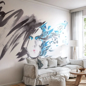 Fototapeta Standard Eco - Portret zmysłowy w szarości i błękicie - Kobieta, Twarz Kobiety, Abstrakcja - 500x350 cm