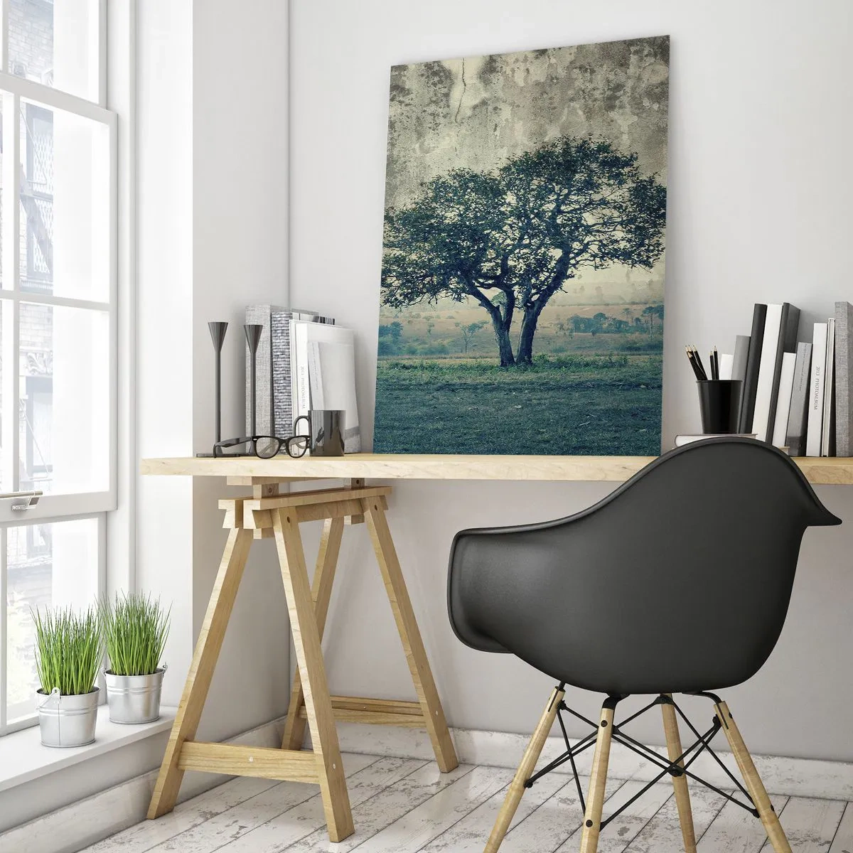 Obraz na szkle - Samotne drzewo na tle pejzażu w stylu vintage - 50x70cm - Jabłoń na błękitnym błoniu? - Nowoczesna dekoracja ścienna do salonu, kuchni i sypialni ARTTOR