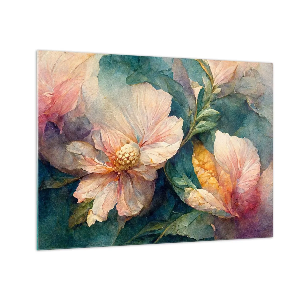 Obraz na szkle - Delikatne kwiaty w pastelowej akwarelowej tonacji - 70x50cm - Sama subtelność - Nowoczesna dekoracja ścienna do salonu i sypialni ARTTOR