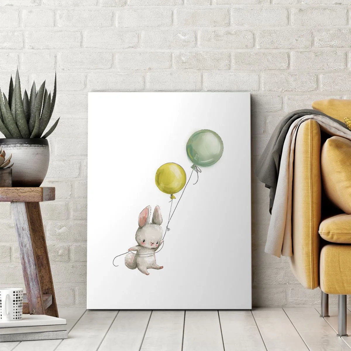 Obraz na płótnie - Uroczy królik trzymający dwa balony, zielony i żółty, na białym tle - 50x70cm - Też polecę! - Nowoczesna dekoracja ścienna do salonu, kuchni i sypialni ARTTOR