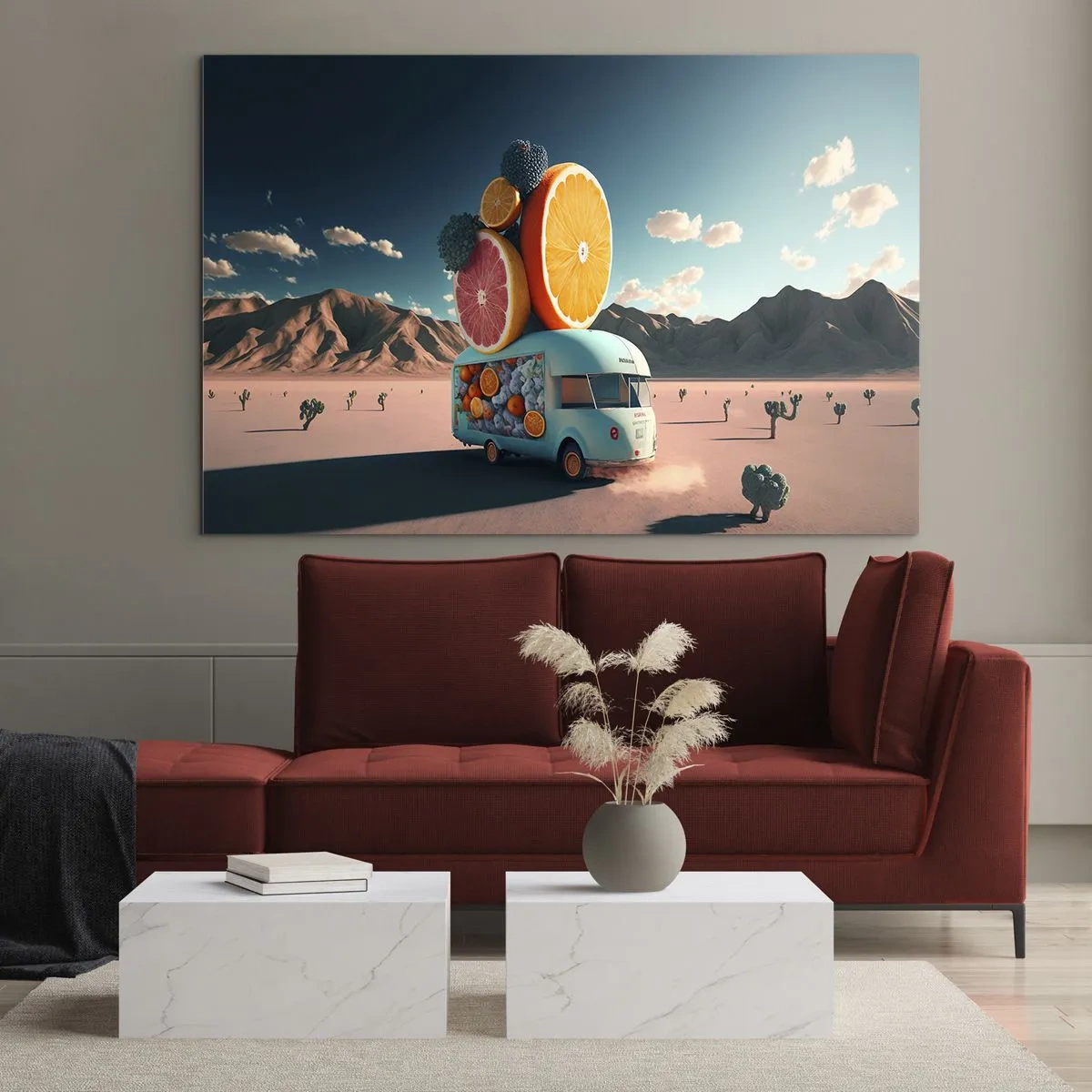 Obraz na szkle - Turkusowy kamper z owocami na tle pustynnego krajobrazu - 70x50cm - Smak wakacji - Nowoczesna dekoracja ścienna do salonu i sypialni ARTTOR
