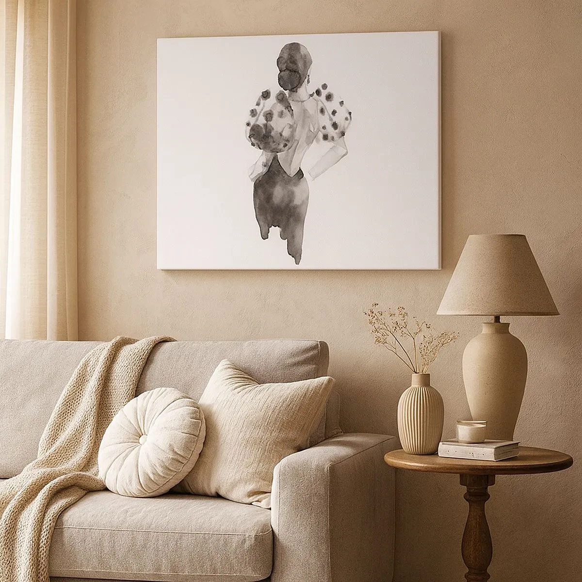 Obraz na płótnie - Minimalistyczna ilustracja kobiety w stylu akwareli - 70x50cm - Przeszła tuż obok - Nowoczesna dekoracja ścienna do salonu i sypialni ARTTOR