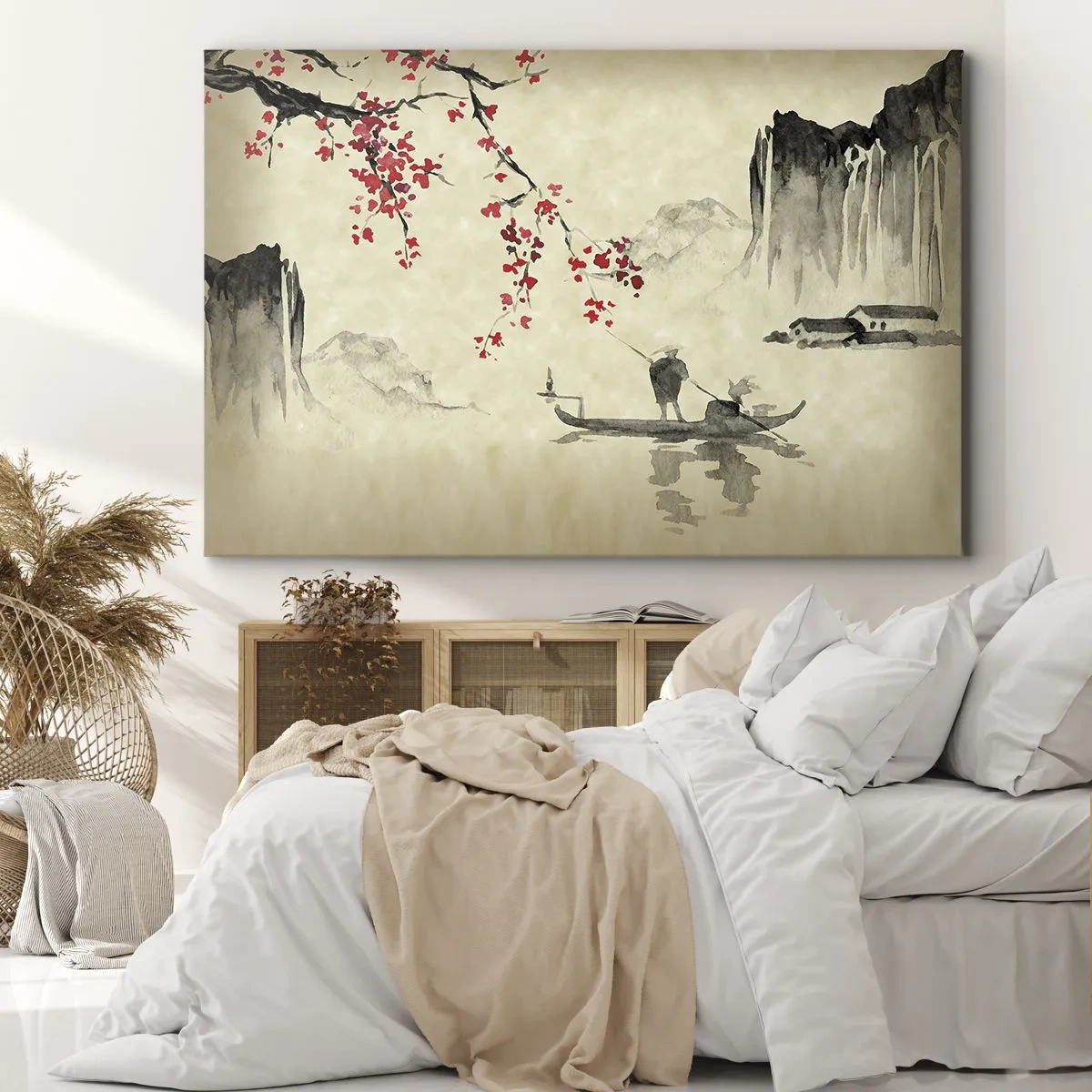Obraz na płótnie - Orientalna ilustracja z łodzią i kwitnącą gałęzią - 70x50cm - W kraju kwitnącej wiśni - Nowoczesna dekoracja ścienna do salonu i sypialni ARTTOR