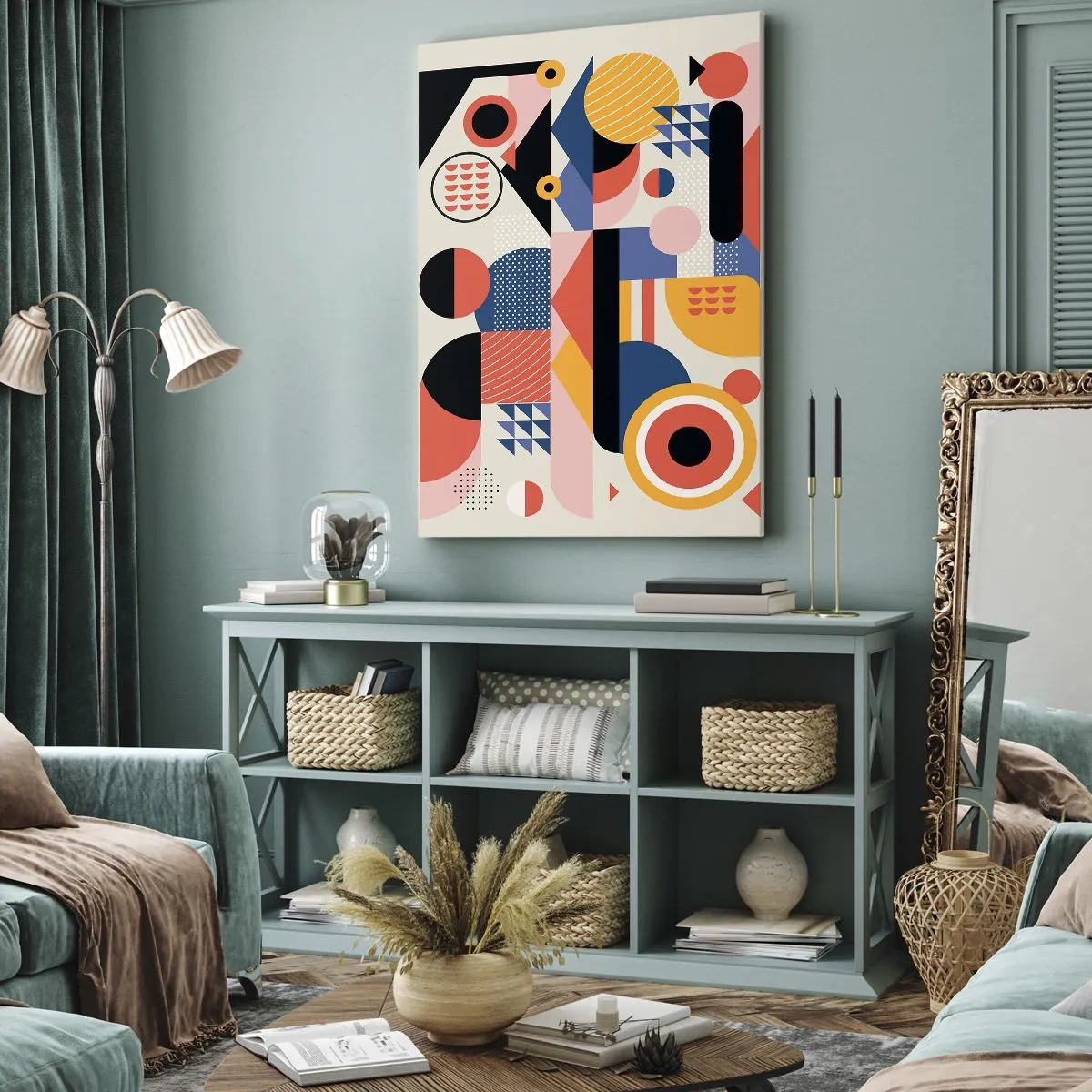 Obraz na płótnie - Kolorowe geometryczne kształty w stylu retro - 70x100cm - Kompozycja: pobaw się - Nowoczesna dekoracja ścienna do salonu i sypialni ARTTOR