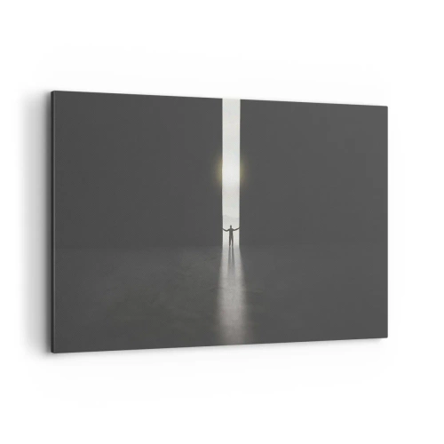 Obraz na płótnie - Człowiek stojący w świetle wąskiej szczeliny w ciemnej przestrzeni - 120x80cm - Krok do jasnej przyszłości - Nowoczesna dekoracja ścienna do salonu, kuchni i sypialni ARTTOR