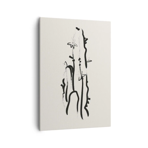 Obraz na płótnie - Czarno-biała grafika kaktusa z kwiatami w stylu line art - 50x70cm - Kwitnące zioło - Nowoczesna dekoracja ścienna do salonu, kuchni i sypialni ARTTOR