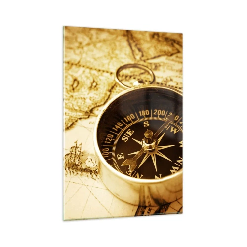 Obraz na szkle - Zabytkowy kompas na tle starej mapy świata - 80x120cm - Na wschód czy na zachód? - Nowoczesna dekoracja ścienna do salonu i sypialni ARTTOR