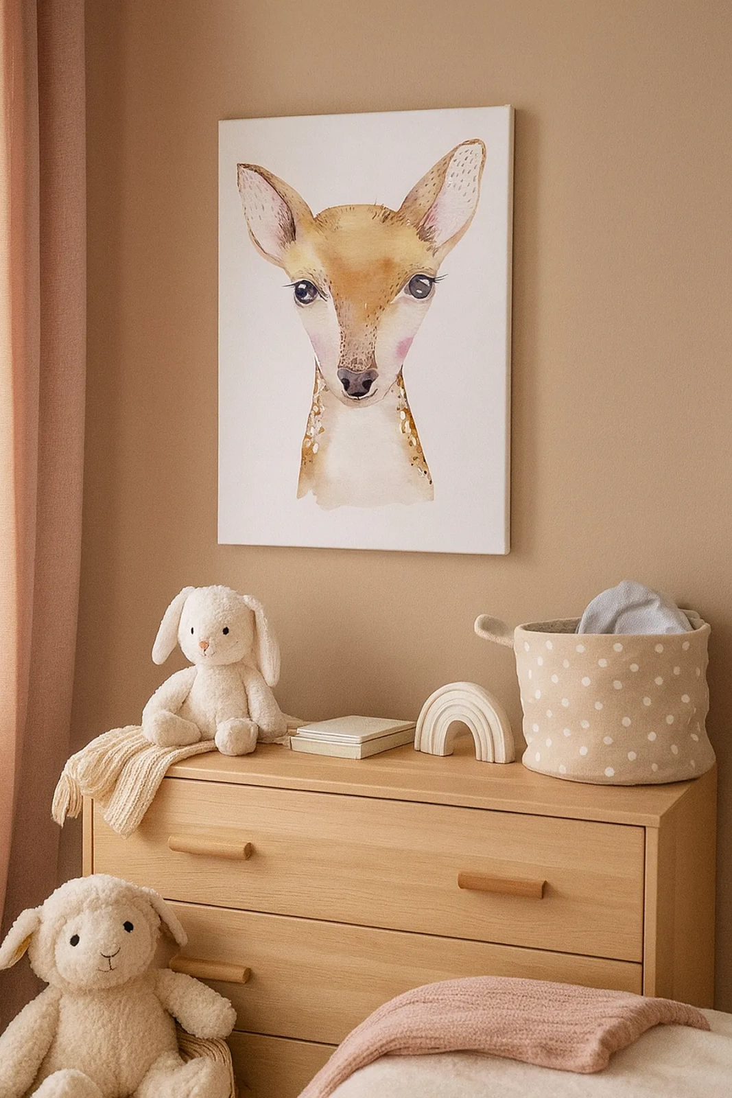 Obraz na płótnie - Akwarelowa ilustracja młodego jelenia na białym tle - 50x70cm - Natura niewinności - Nowoczesna dekoracja ścienna do salonu, kuchni i sypialni ARTTOR