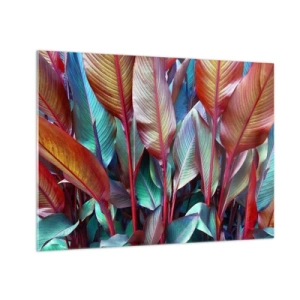 Obraz na szkle - Barwny gąszcz liści w odcieniach czerwieni, zieleni i fioletu - 70x50cm - Kolorowy gąszcz - Nowoczesna dekoracja ścienna do salonu i sypialni ARTTOR