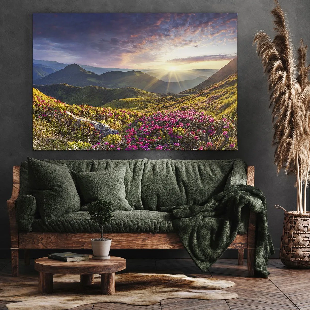 Obraz na płótnie - Górski krajobraz z kwitnącymi rododendronami - 70x50cm - Świeżość górskiego poranka - Nowoczesna dekoracja ścienna do salonu i sypialni ARTTOR