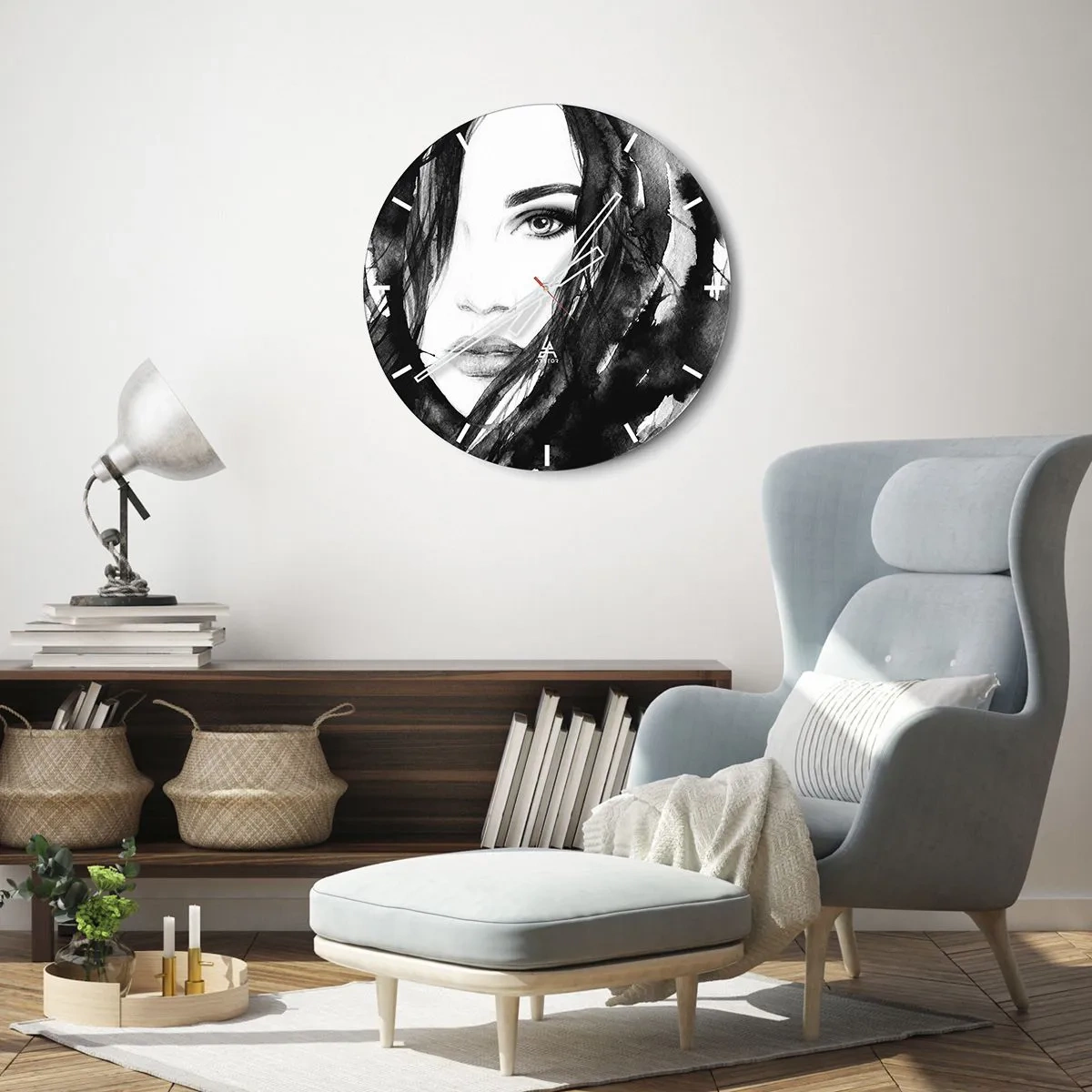 Zegar ścienny - Portret kobiety w czerni i bieli o akwarelowym stylu - 30x30cm - Portret damy w czerni i bieli - Nowoczesna dekoracja ścienna do salonu, kuchni i sypialni ARTTOR