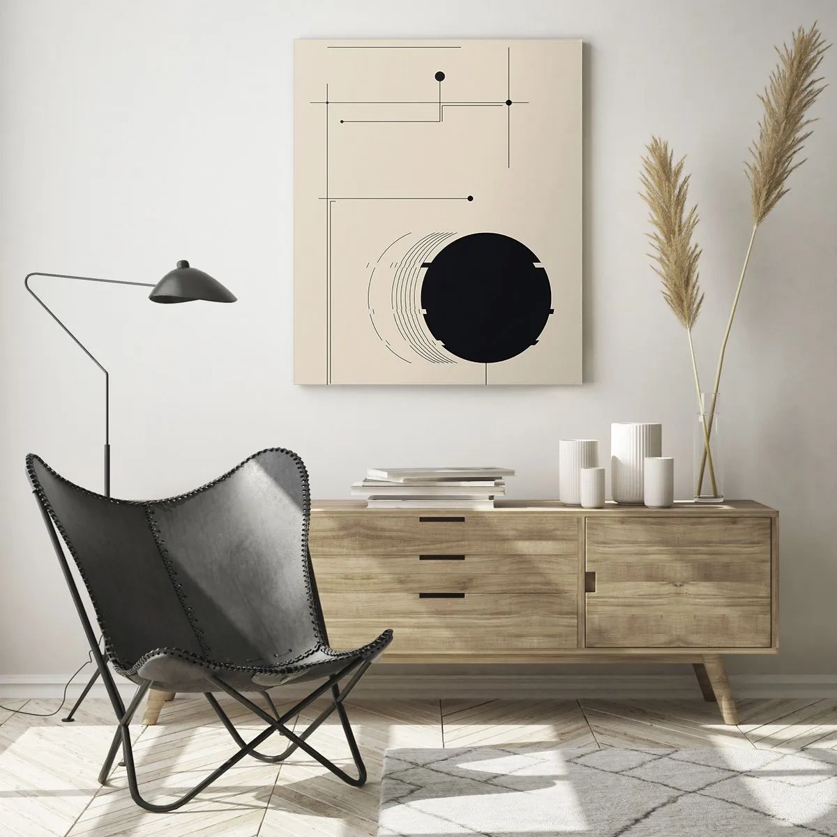 Obraz na szkle - Czarne geometryczne linie i okrąg na beżowym tle - 80x120cm - Sprężysta i dynamiczna kompozycja - Nowoczesna dekoracja ścienna do salonu i sypialni ARTTOR