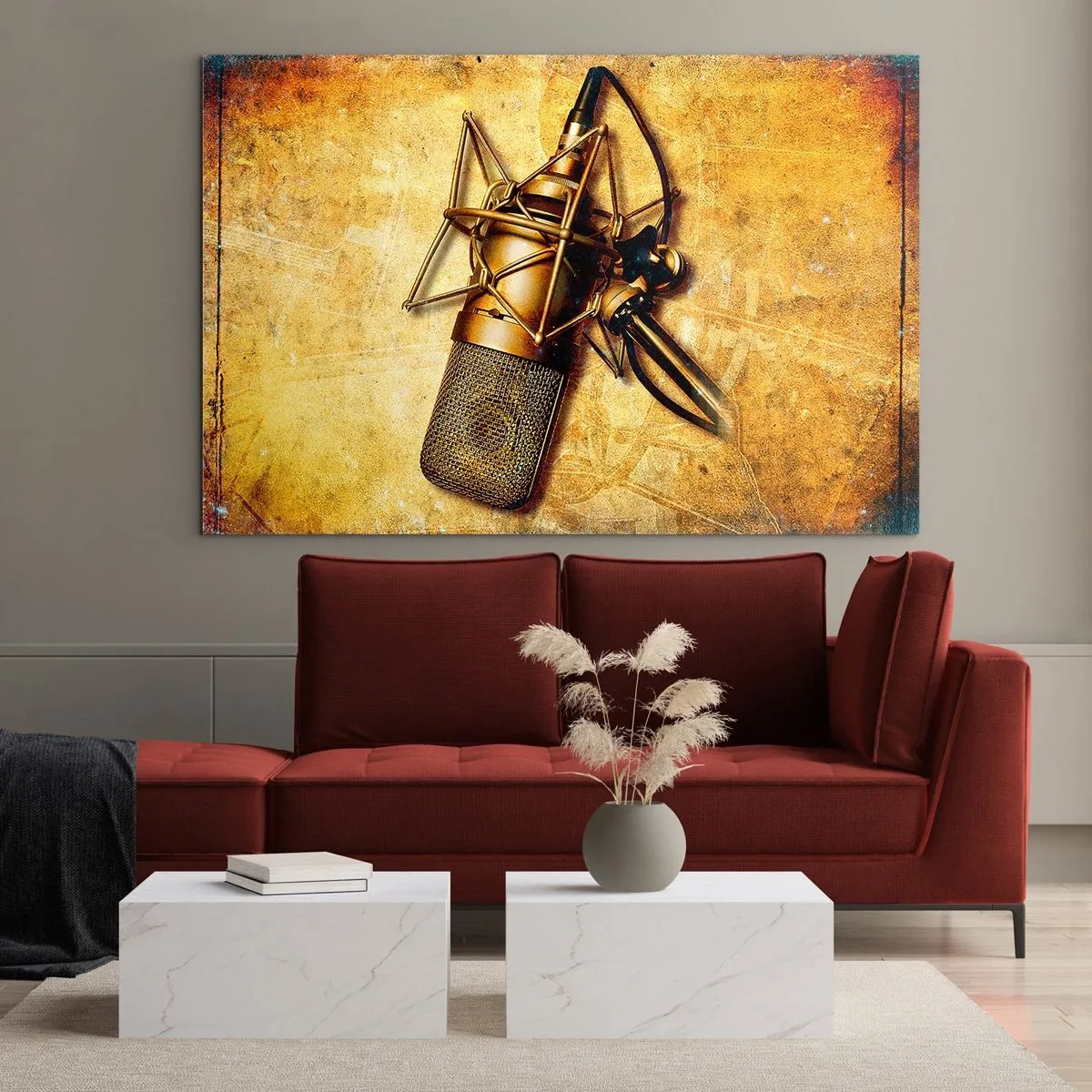 Obraz na szkle - Złoty mikrofon na tle w stylu vintage - 70x50cm - Złote lata radia - Nowoczesna dekoracja ścienna do salonu i sypialni ARTTOR