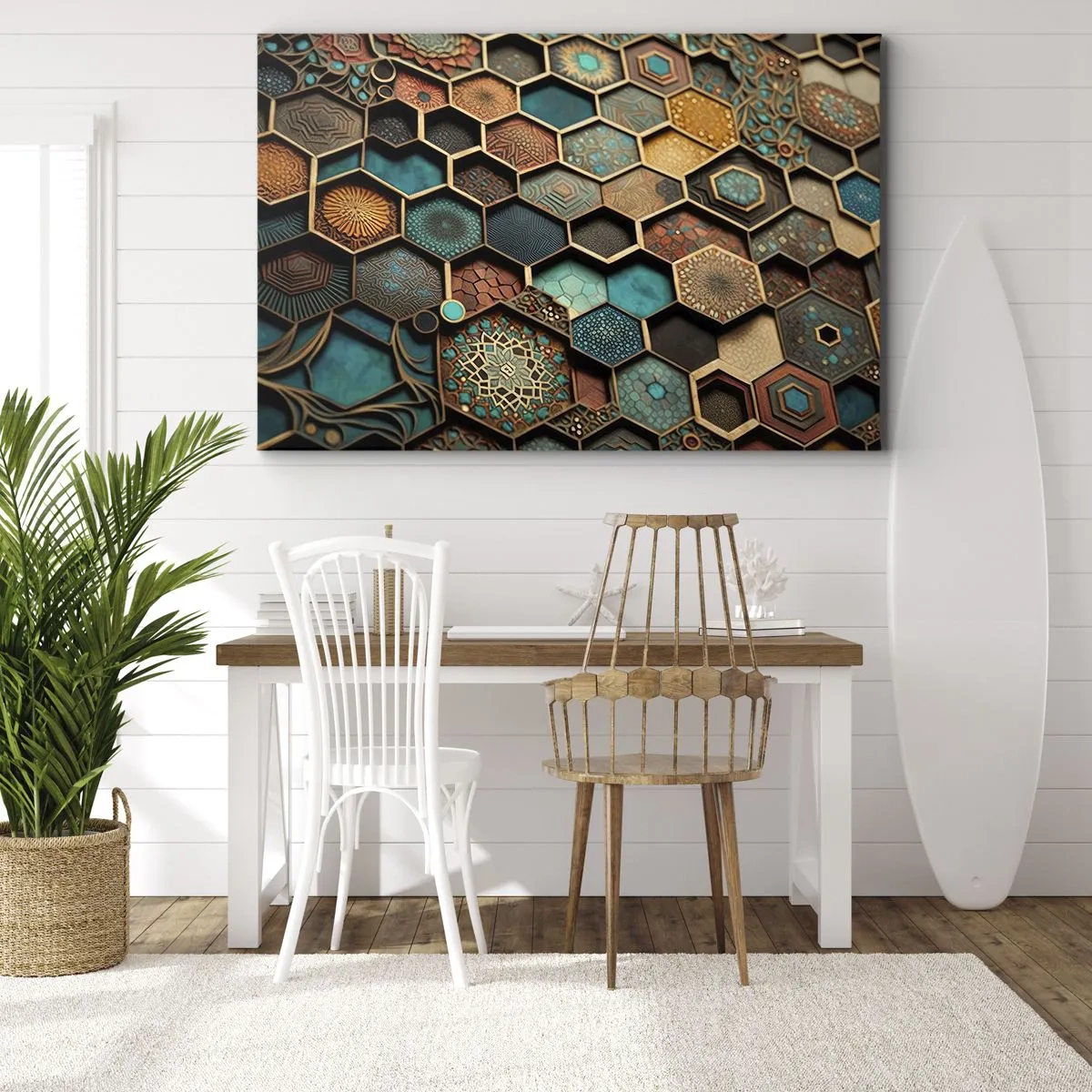 Obraz na płótnie - Kolorowe ornamenty w sześciokątnych wzorach - 70x50cm - Arabskie ornamenty – wariacja - Nowoczesna dekoracja ścienna do salonu i sypialni ARTTOR