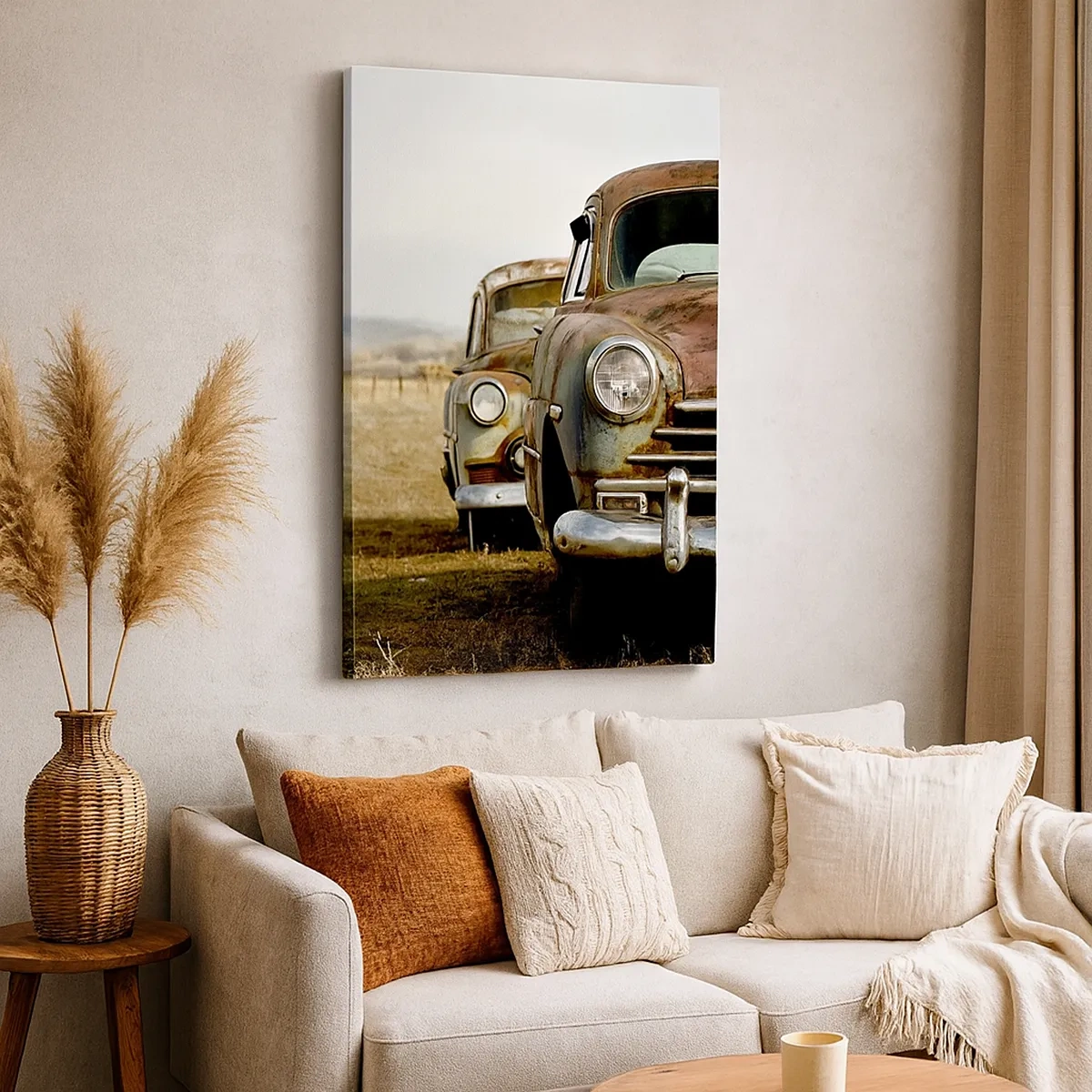 Obraz na płótnie - Zardzewiałe klasyczne samochody na tle pustkowi - 50x70cm - Zasłużony odpoczynek - Nowoczesna dekoracja ścienna do salonu, kuchni i sypialni ARTTOR