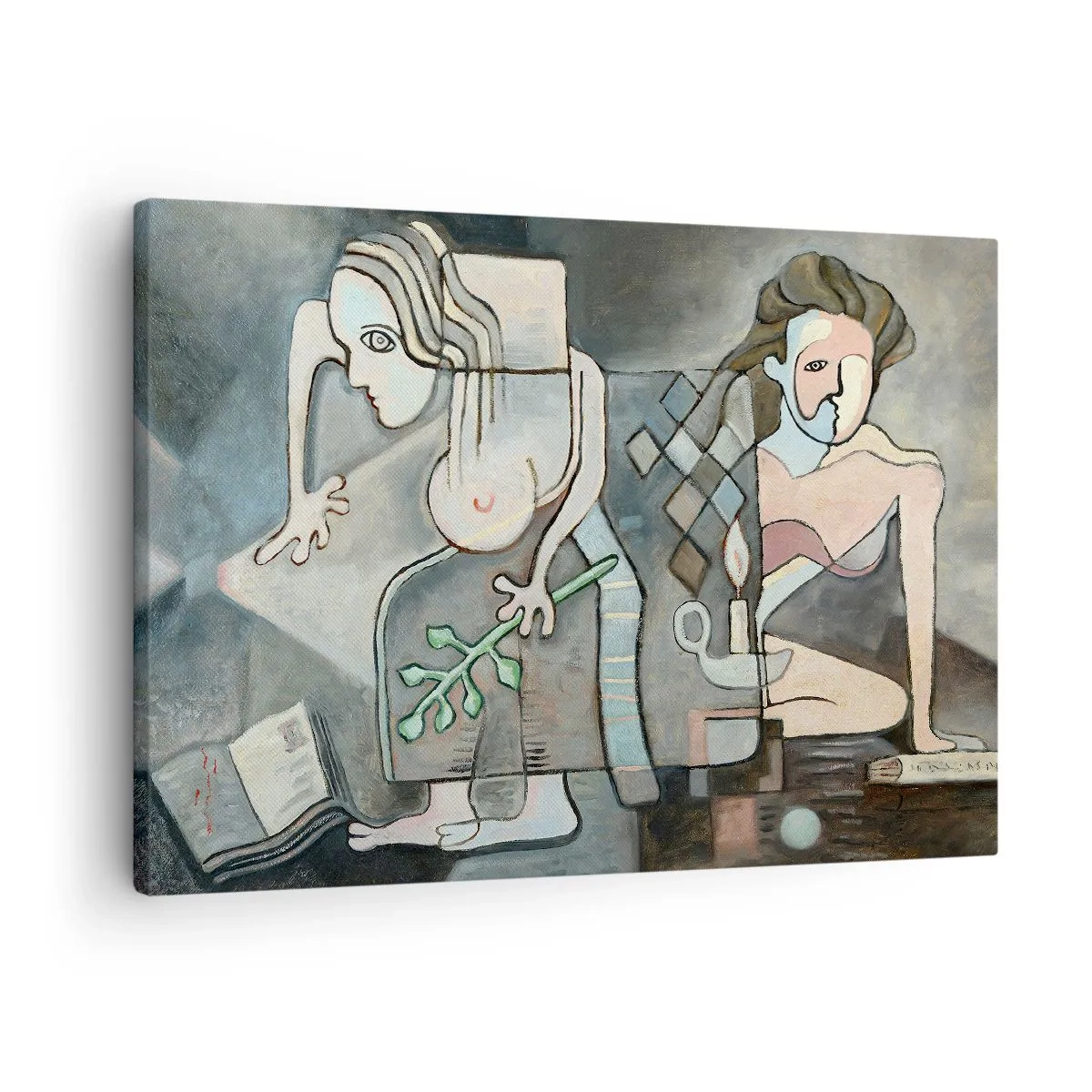Obraz na płótnie - Abstrakcyjne postacie w symbolicznej kompozycji o głębokiej treści - 70x50cm - Mozaika ducha i materii - Nowoczesna dekoracja ścienna do salonu i sypialni ARTTOR