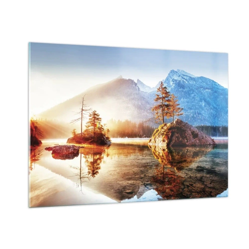 Obraz na szkle - Górski krajobraz o poranku z drzewami i odbiciem w jeziorze - 100x70cm - Natura w nowym świetle - Nowoczesna dekoracja ścienna do salonu, kuchni i sypialni ARTTOR