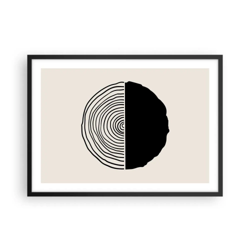 Plakat w czarnej ramie - Abstrakcyjny czarno-biały motyw inspirowany przekrojem drewna z geometrycznym podziałem - 70x50cm - Pół na pół - Nowoczesna dekoracja ścienna do salonu i sypialni ARTTOR