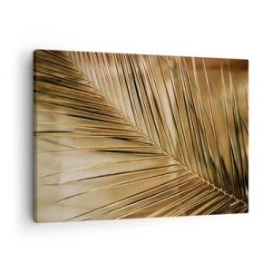 Obraz na płótnie - Złota liść palmy na jednolitym tle - 70x50cm - Naturalna kolumnada - Nowoczesna dekoracja ścienna do salonu i sypialni ARTTOR