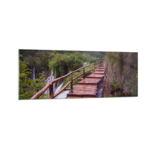 Obraz na szkle - Mostek z widokiem na wodospady o zachodzie słońca - 140x50cm - Piękno nie do uwierzenia - Nowoczesna dekoracja ścienna do salonu i sypialni ARTTOR