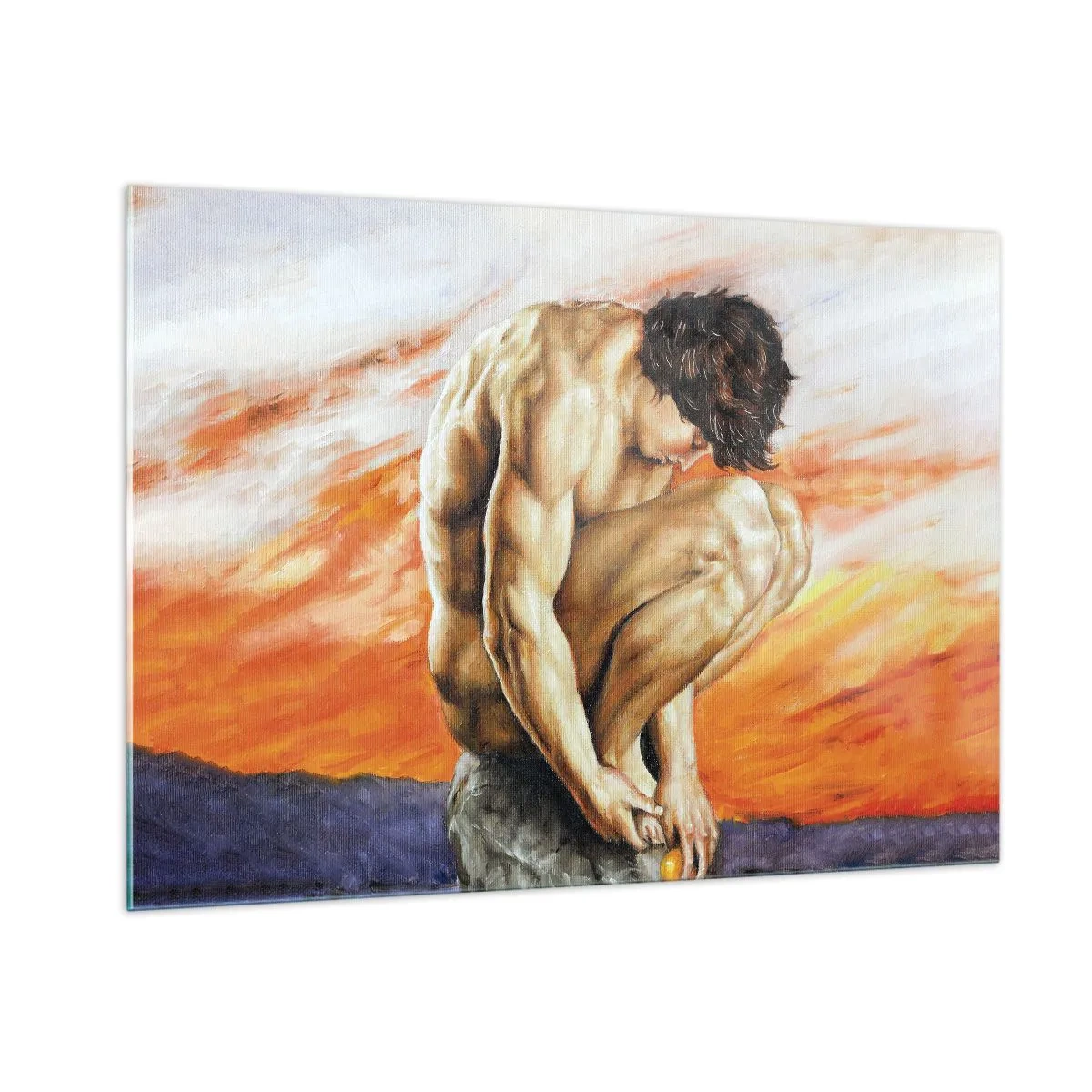 Obraz na szkle - Nagie ludzkie ciało na tle intensywnego pomarańczowego nieba - 100x70cm - Zatopiony w sobie - Nowoczesna dekoracja ścienna do salonu, kuchni i sypialni ARTTOR