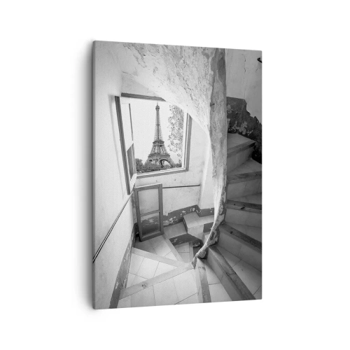 Obraz na płótnie - Schody w starej kamienicy z widokiem na wieżę Eiffla przez okno - 50x70cm - Co za widok! - Nowoczesna dekoracja ścienna do salonu, kuchni i sypialni ARTTOR