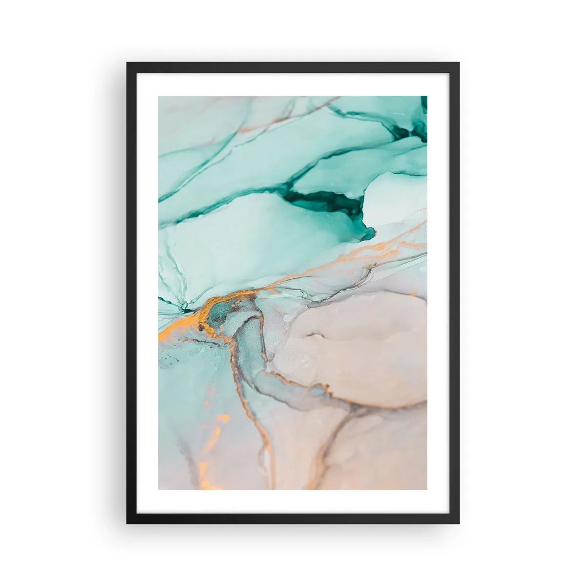 Plakat w czarnej ramie - Abstrakcyjna kompozycja w odcieniach turkusu i złota - 50x70cm - Taniec kształtów i barw - Nowoczesna dekoracja ścienna do salonu i sypialni ARTTOR