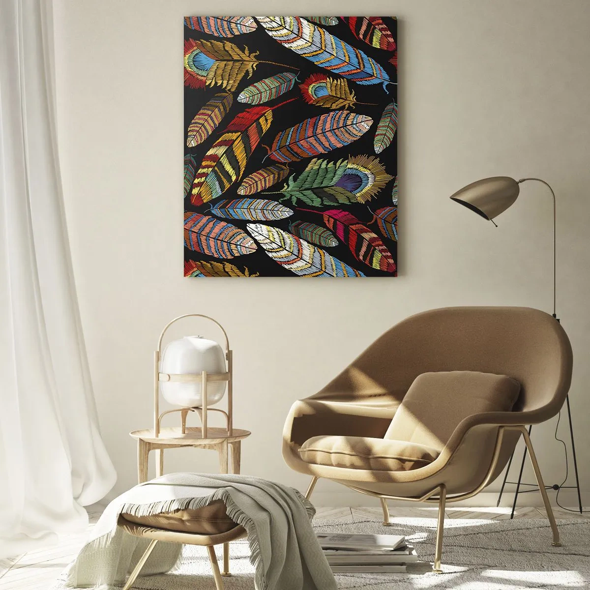 Obraz na szkle - Kolorowe pióra na czarnym tle - 70x100cm - Ptasi karnawał - Nowoczesna dekoracja ścienna do salonu i sypialni ARTTOR