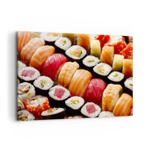 Obraz na płótnie - Kolorowe sushi ułożone w rzędy z różnorodnymi dodatkami - 100x70cm - Barwy i smaki Azji - Nowoczesna dekoracja ścienna do salonu, kuchni i sypialni ARTTOR