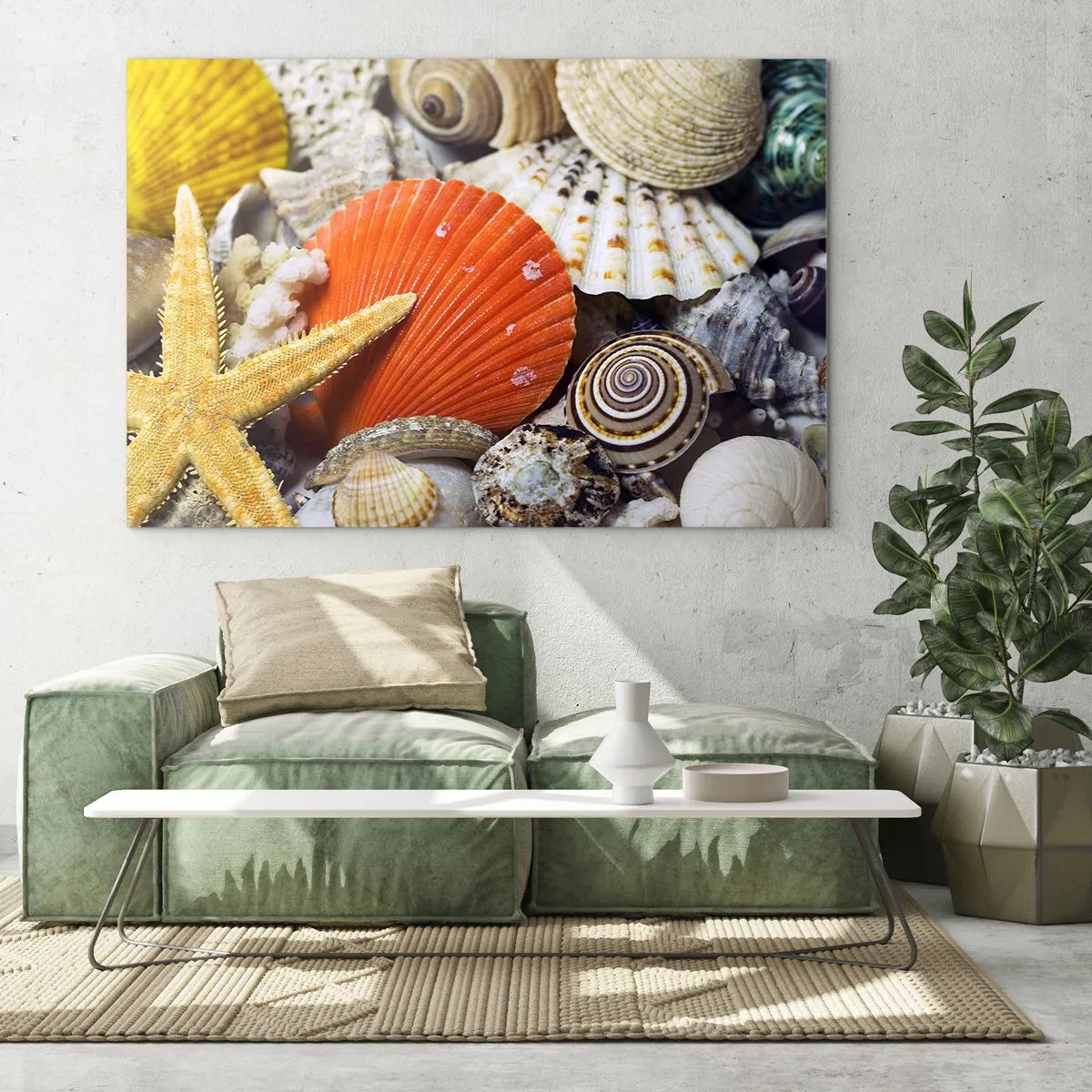 Obraz na szkle - Kolorowe muszle i rozgwiazda w morskiej kompozycji - 100x70cm - Skarby oceanu - Nowoczesna dekoracja ścienna do salonu, kuchni i sypialni ARTTOR