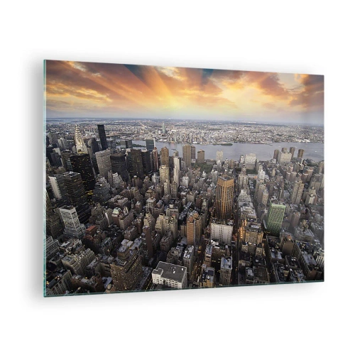 Obraz na szkle - Panorama miasta z widokiem na wieżowce o zachodzie słońca - 70x50cm - Bijące serce naszych czasów - Nowoczesna dekoracja ścienna do salonu i sypialni ARTTOR