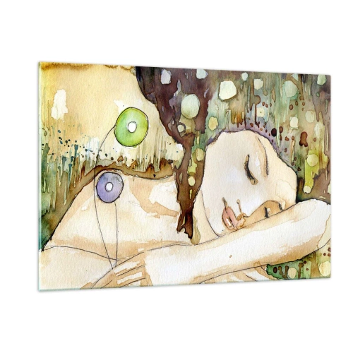 Obraz na szkle - Śpiąca kobieta w artystycznej akwareli w ciepłych barwach - 120x80cm - Szmaragdowo-fiołkowy sen - Nowoczesna dekoracja ścienna do salonu, kuchni i sypialni ARTTOR