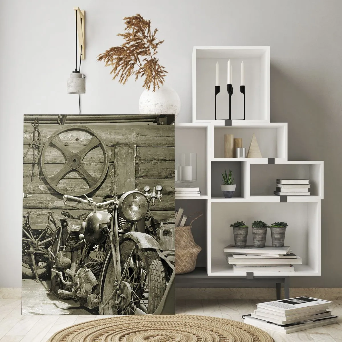 Obraz na szkle - Warsztat z zabytkowymi narzędziami i starym motocyklem - 50x70cm - W szopie wuja Władka - Nowoczesna dekoracja ścienna do salonu, kuchni i sypialni ARTTOR