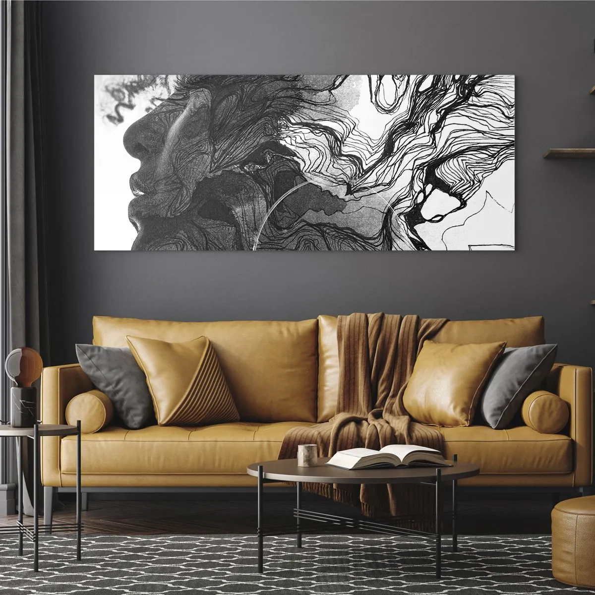 Obraz na szkle - Abstrakcyjna twarz w czerni i bieli z dynamicznymi liniami - 120x50cm - Zaplątana w marzeniach - Nowoczesna dekoracja ścienna do salonu i sypialni ARTTOR