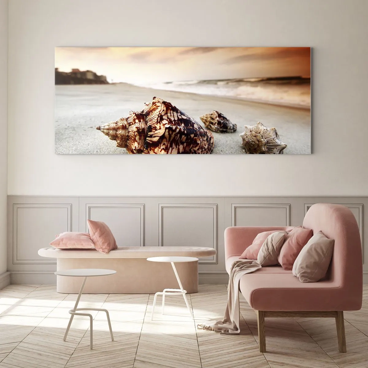 Obraz na szkle - Muszle na plaży o zachodzie słońca - 120x50cm - Wygnanki fal - Nowoczesna dekoracja ścienna do salonu i sypialni ARTTOR