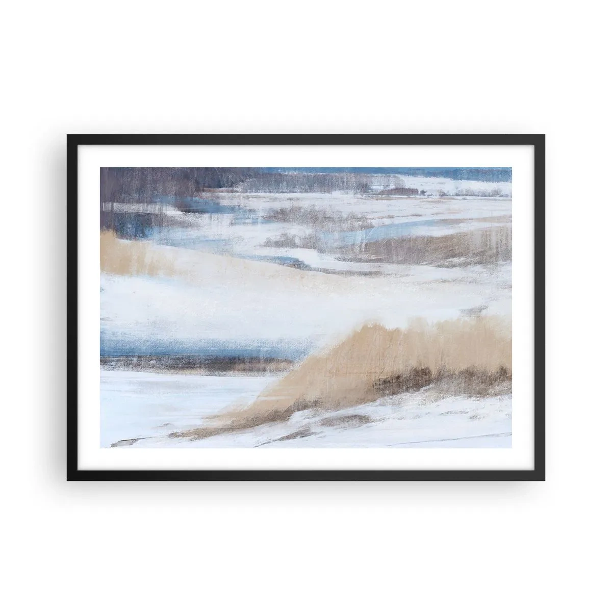 Plakat w czarnej ramie - Abstrakcyjny krajobraz zimowy w odcieniach bieli i błękitu - 70x50cm - Zimowa kompozycja - Nowoczesna dekoracja ścienna do salonu i sypialni ARTTOR
