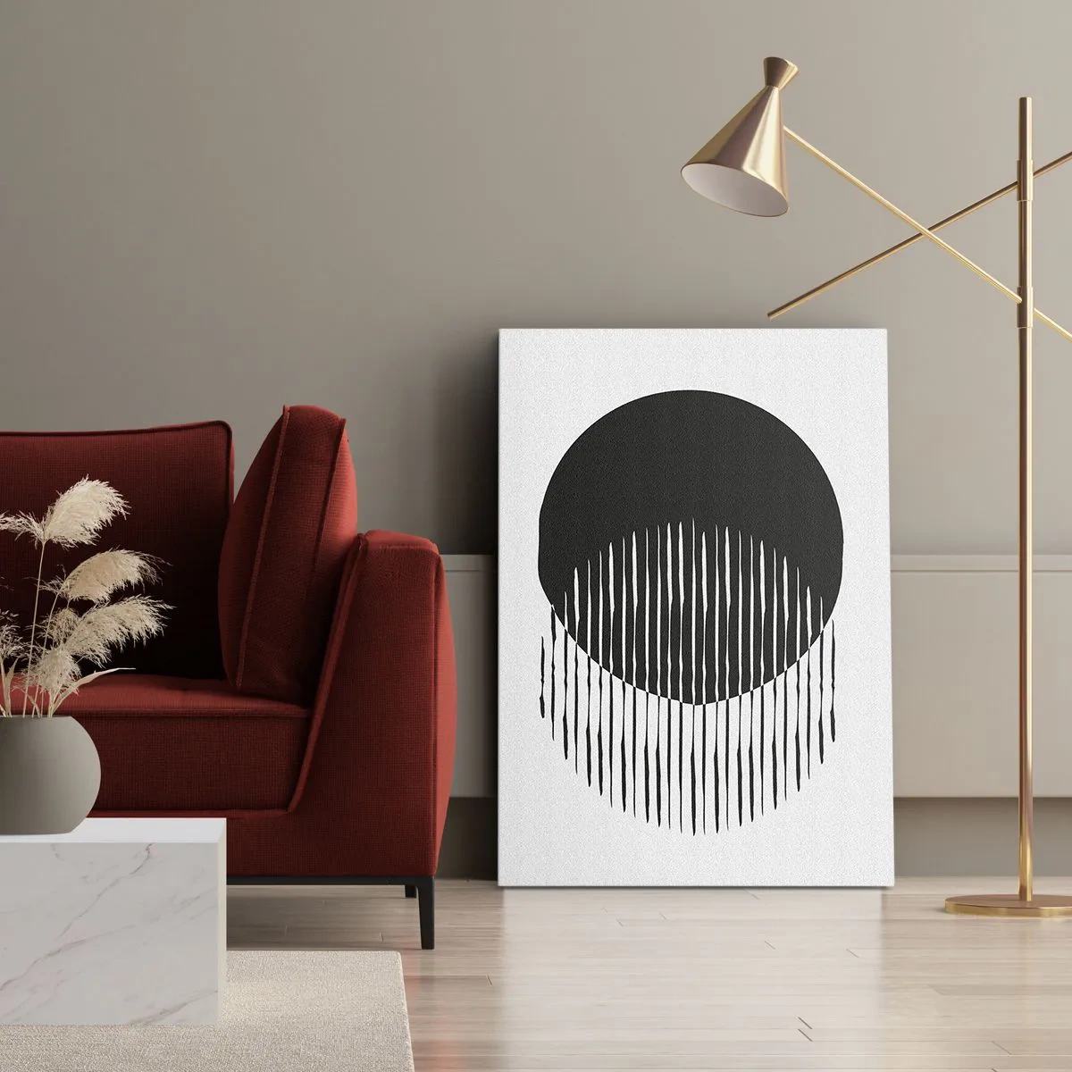 Obraz na płótnie - Abstrakcyjna kompozycja z czarnym okręgiem i pionowymi liniami - 50x70cm - Jego alter ego - Nowoczesna dekoracja ścienna do salonu, kuchni i sypialni ARTTOR