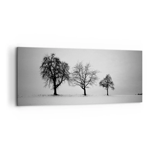 Obraz na płótnie - Trzy drzewa na zaśnieżonym polu w monochromatycznym stylu - 120x50cm - O czym śnią? - Nowoczesna dekoracja ścienna do salonu i sypialni ARTTOR