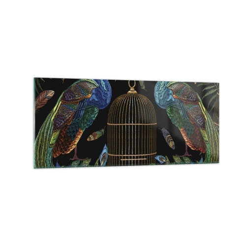 Obraz na szkle - Pawie przy złotej klatce na czarnym tle - 120x50cm - W królewskich szatach - Nowoczesna dekoracja ścienna do salonu i sypialni ARTTOR