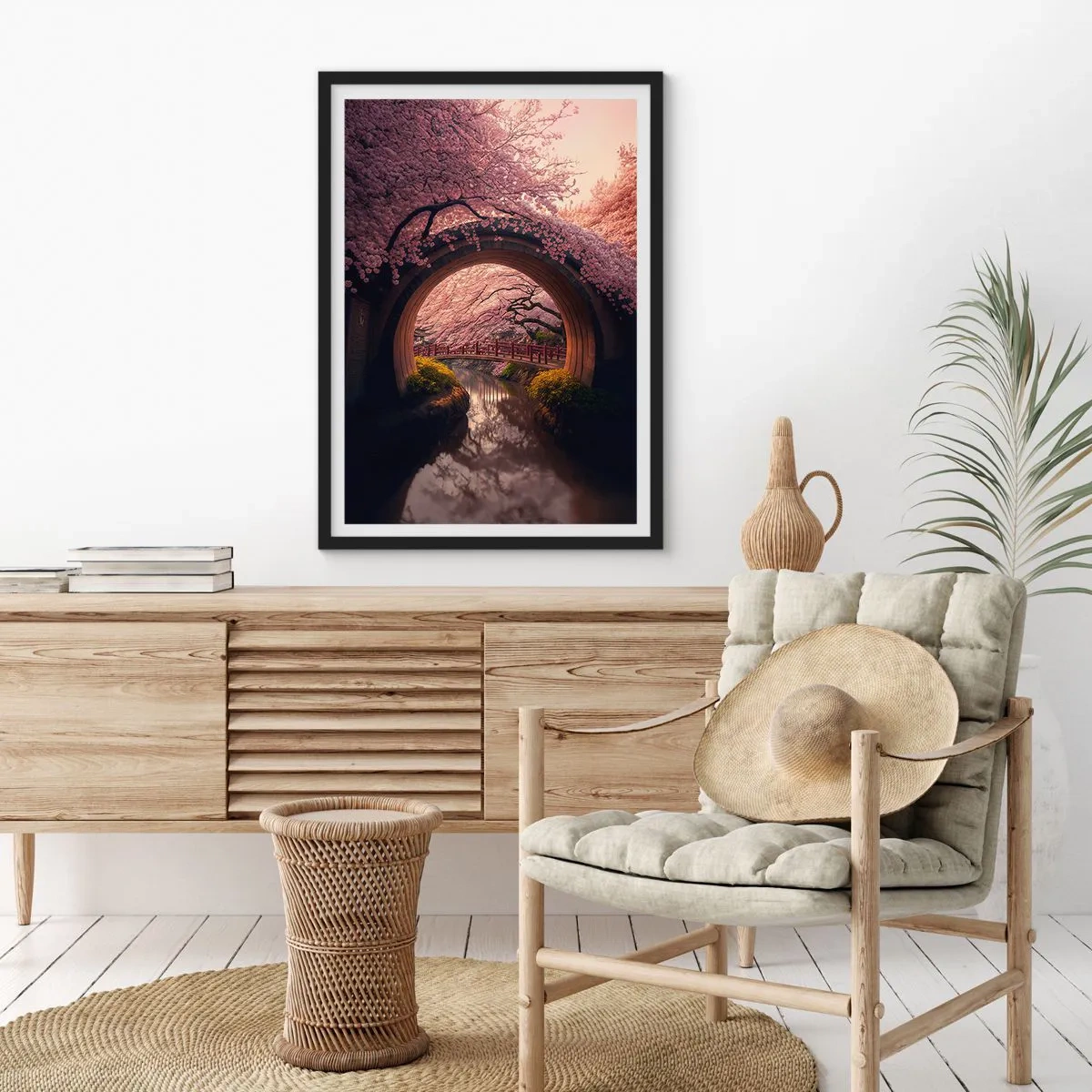 Plakat w czarnej ramie - Romantyczny most wśród kwitnących wiśni - 50x70cm - Japońska wiosna - Nowoczesna dekoracja ścienna do salonu i sypialni ARTTOR